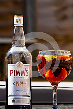 Pimms bottle and glass