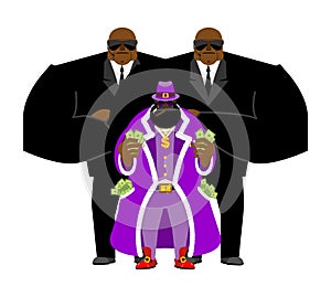 Pimp and bodyguard. Bright clothing and money. Pocket full of ca