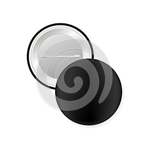 Pin badges. Black round blank button. Souvenir magnet badging mockup. Vector stock illustration