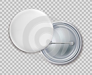 Pin badges. Blank round metal button badge or brooch vector isolated template on transparent background photo