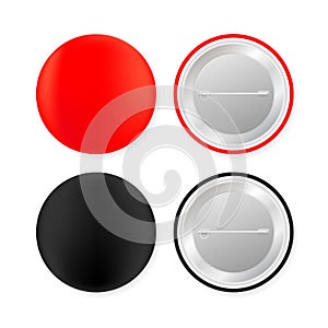 Pin badges. Red and black round blank button. Souvenir magnet badging mockup. Vector stock illustration