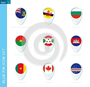 Pin flag set, map location icon in blue colors