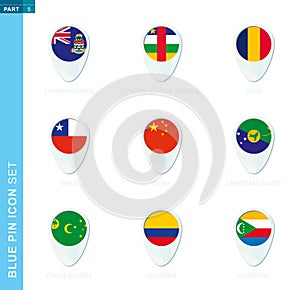 Pin flag set, map location icon in blue colors