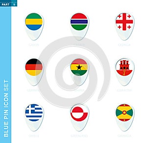 Pin flag set, map location icon in blue colors