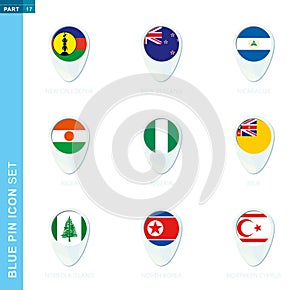 Pin flag set, map location icon in blue colors