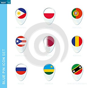 Pin flag set, map location icon in blue colors