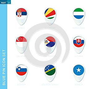 Pin flag set, map location icon in blue colors