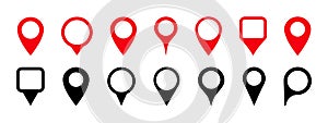Pin icon for map location. Pointer, marker for gps, geo position and place. Tag or symbol of destination in travel, road. Set of