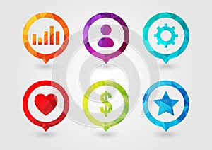 Pin Icon set for business. User Setting Chart Money Star Favourite.