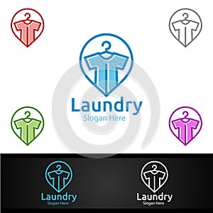 Pin Laundry Dry Cleaners Logo with Clothes, Water and Washing Concept