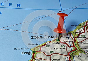 Pin on location on the map of the Zonguldak city in Turkey