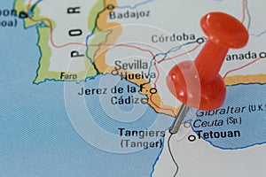 Pin in a map showing Tangiers