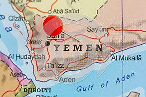 Pin on a map of Yemen photo