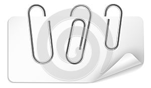 Pin paper clip. Realistic silver metal glossy fasteners on white sheet with curved corner, document paperclip, steel