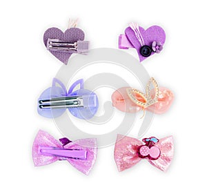 Pin set beauty trendy accessories hair pearl clip on white background. Top view. Copy space fot text
