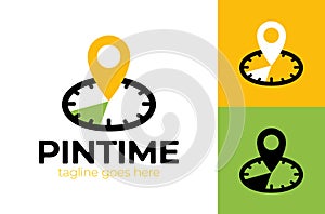Pin Time Logo Template Design. Vector clock and map pointer logotype combination. Time and gps locator symbol or icon. Unique