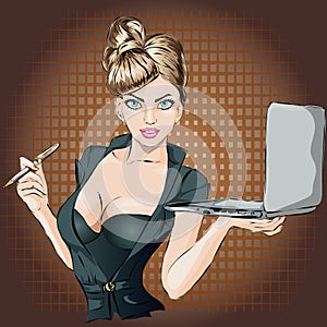 Pin-up babyface business woman portrait with laptop photo