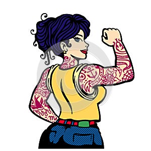 Pin-up bad girl with full sleeve tattoo, inked tattooed woman vector