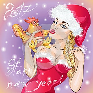 Pin-up Christmas girl with cock, Happy New Year 2017, hand drawn illustration