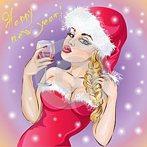 Pin-up Christmas girl, Happy New Year 2017, hand drawn