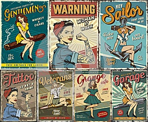 Pin up colorful posters set
