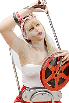 pin-up with a film reel, on white