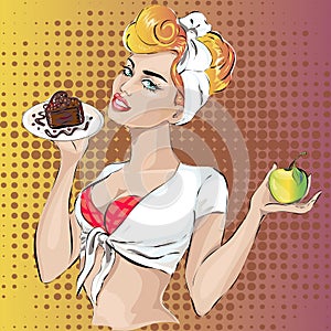 Pin-up fitness woman with cake dessert and apple