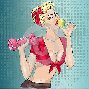 Pin-up fitness woman with dumbbell and apple