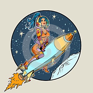 Pin up girl astronaut on rocket. Outer space, science fiction