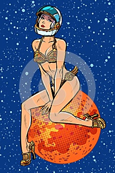 Pin up girl. Attractive astronaut woman alien in a futuristic retro costume