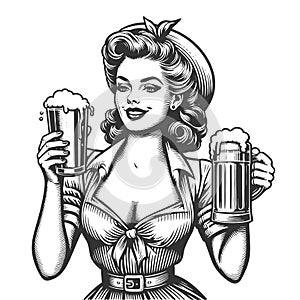 Pin-Up Girl with beer glass mug engraving vector