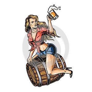 Pin up girl on beer wooden barrel