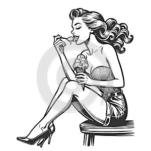 Pin-Up Girl Enjoying Ice Cream engraving raster