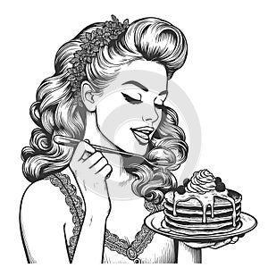 Pin-Up Girl Enjoying Stack of Pancakes vector