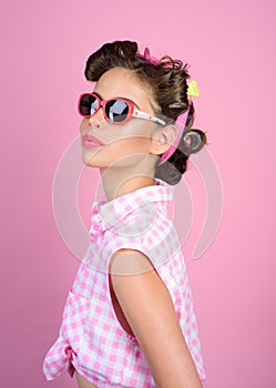 Pin up girl. happy girl in summer glasses. retro woman with fashion makeup. vintage housewife woman make hairstyle