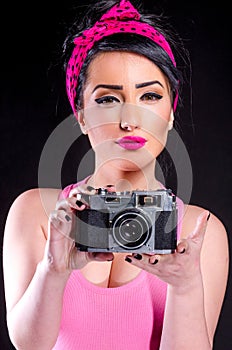 Pin-up Girl With Old Camera