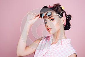 Pin up girl. retro woman with fashion makeup. beauty salon and hairdresser. happy girl in summer glasses. vintage