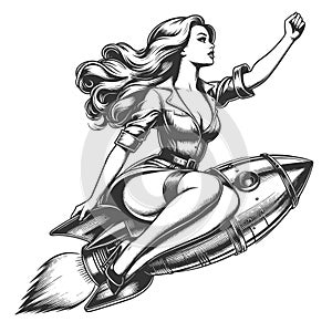 Pin-Up Girl Riding Rocket engraving vector