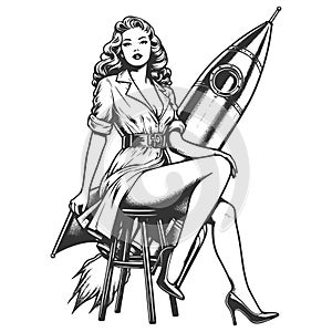 Pin-Up Girl Riding Rocket engraving vector