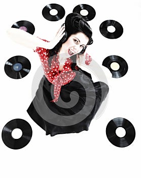 Pin-up girl style retro woman analogue record