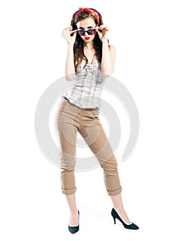 Pin up girl style, woman with retro sunglasses