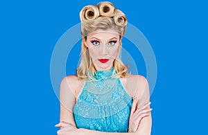 Pin up girl with trendy makeup. Retro Woman with vintage make-up and hairstyle.