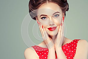 Pin up girl vintage. Wow expressions emotion! Beautiful woman pinup style portrait in retro dress and makeup, manicure nails hands