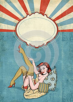 Pin up illustration of woman with the place for text.Pin up girl. Party invitation. Birthday greeting card.