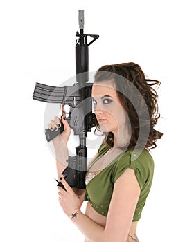 Woman with automatic rifle