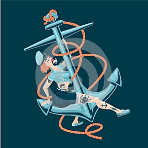 Pin-up sailor girl with boat anchor. Sexy woman retro style. Vintage cartoon illustration on isolated background.