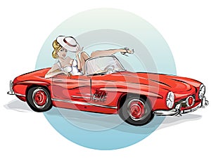 Pin up sexy woman in retro red car, pop art girl with cabriolet, pin-up summer vacation  illustration art