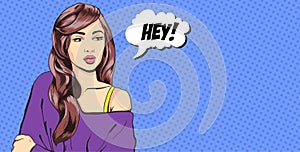 Pin up style dreaming woman portrait, pop art girl looking up face, vector illustration