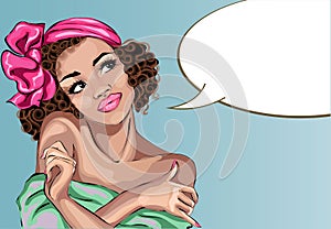 Pin up style dreaming woman portrait with speech bubble, pop art girl looking up face,