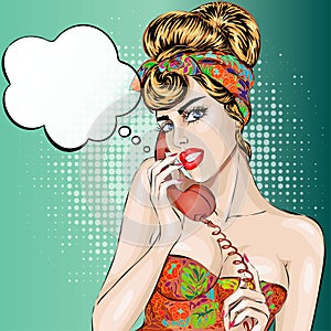 Pin-up woman answers a phone call. Vector pop art comic retro style illustration